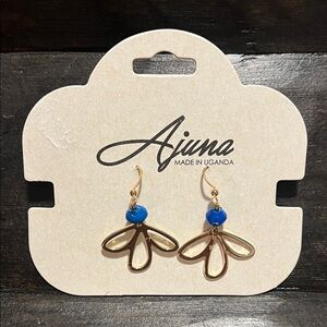 Gold Drop Earrings with Bright Blue Bead